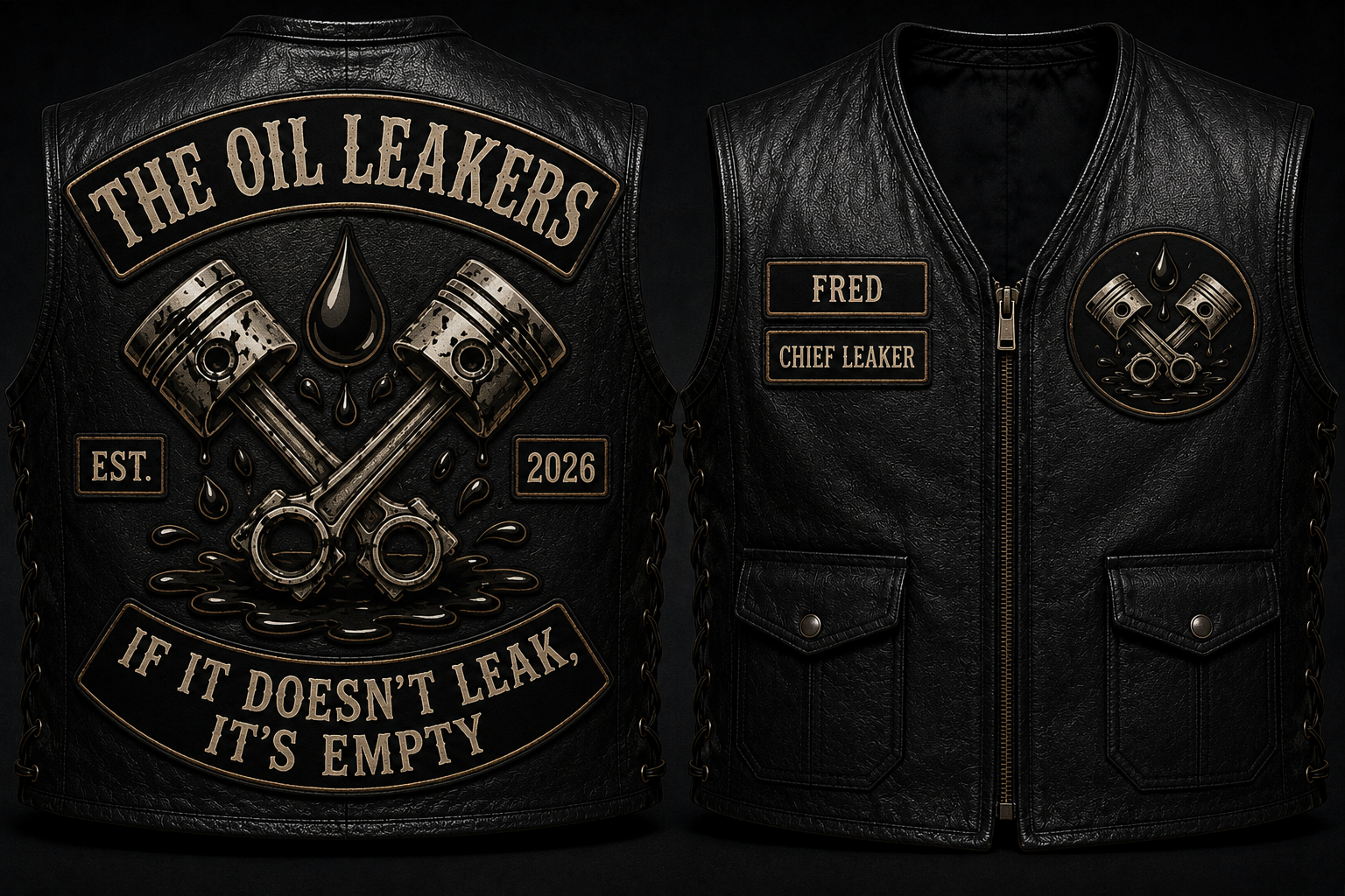 Gilet cuir The Oil Leakers avec deux pistons et huile